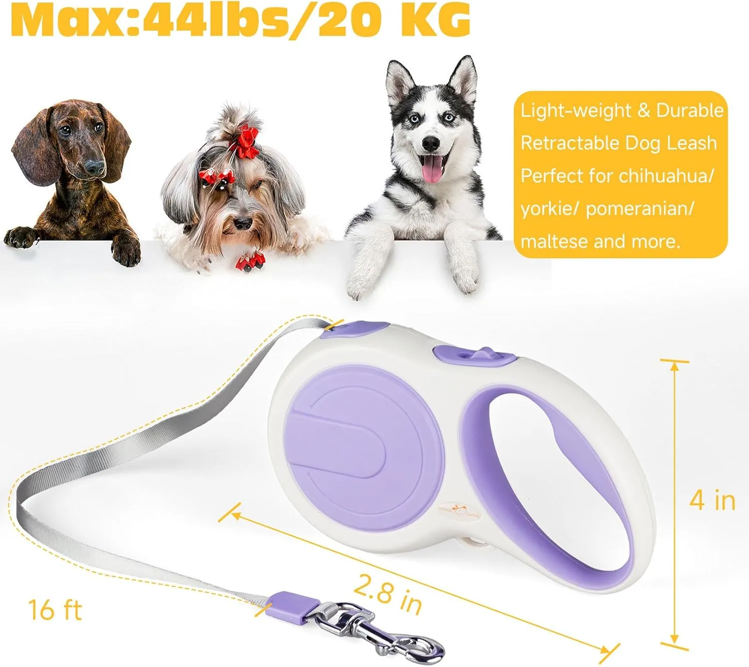 16 ft Heavy Duty Retractable Dog Leash, 360 Tangle Free Pet Walking Leash for Dogs with Anti-Slip Handle/Dispenser/Waste Bags, One-Hand Brake/Pause/Lock for Small/Medium Dog or Cat(5M, White&Purple)