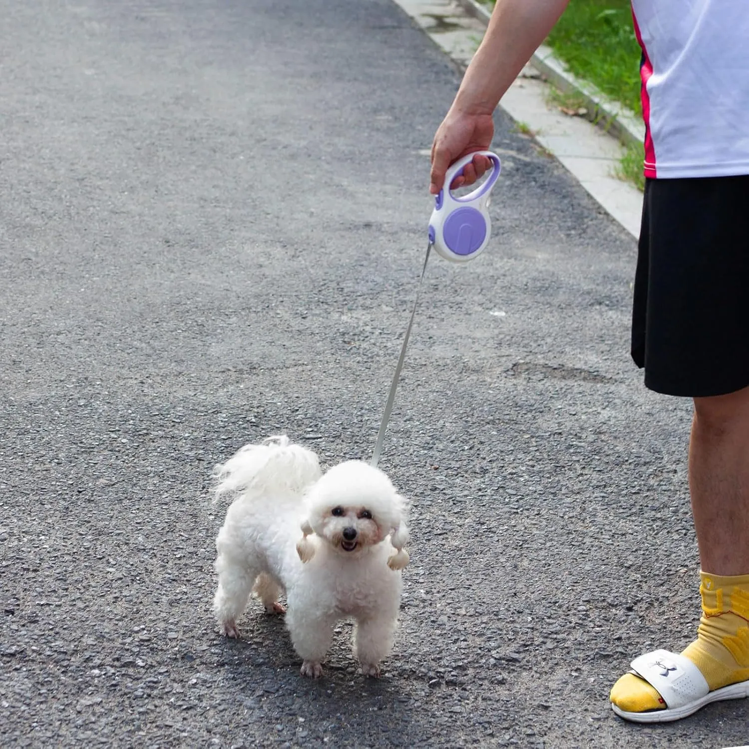 16 ft Heavy Duty Retractable Dog Leash, 360 Tangle Free Pet Walking Leash for Dogs with Anti-Slip Handle/Dispenser/Waste Bags, One-Hand Brake/Pause/Lock for Small/Medium Dog or Cat(5M, White&Purple)