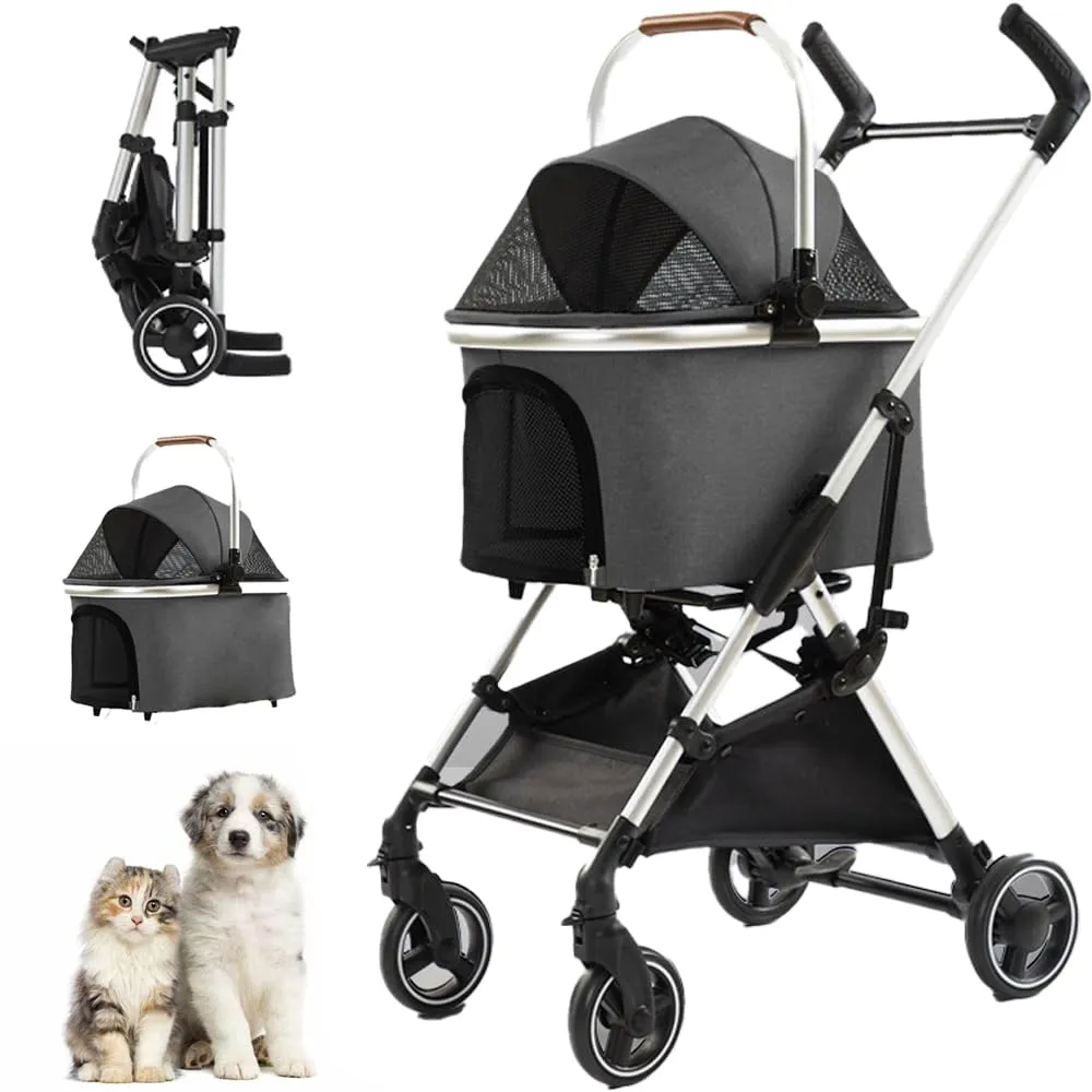 3 in 1 Pet Stroller 4 Wheel Small Medium Portable Foldable Carrier Dog Strolling Storage Basket 33lb max Adjutable Handle Height