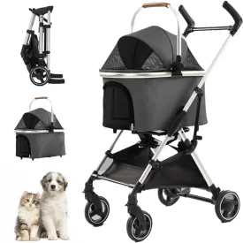 3 in 1 Pet Stroller 4 Wheel Small Medium Portable Foldable Carrier Dog Strolling Storage Basket 33lb max Adjutable Handle Height