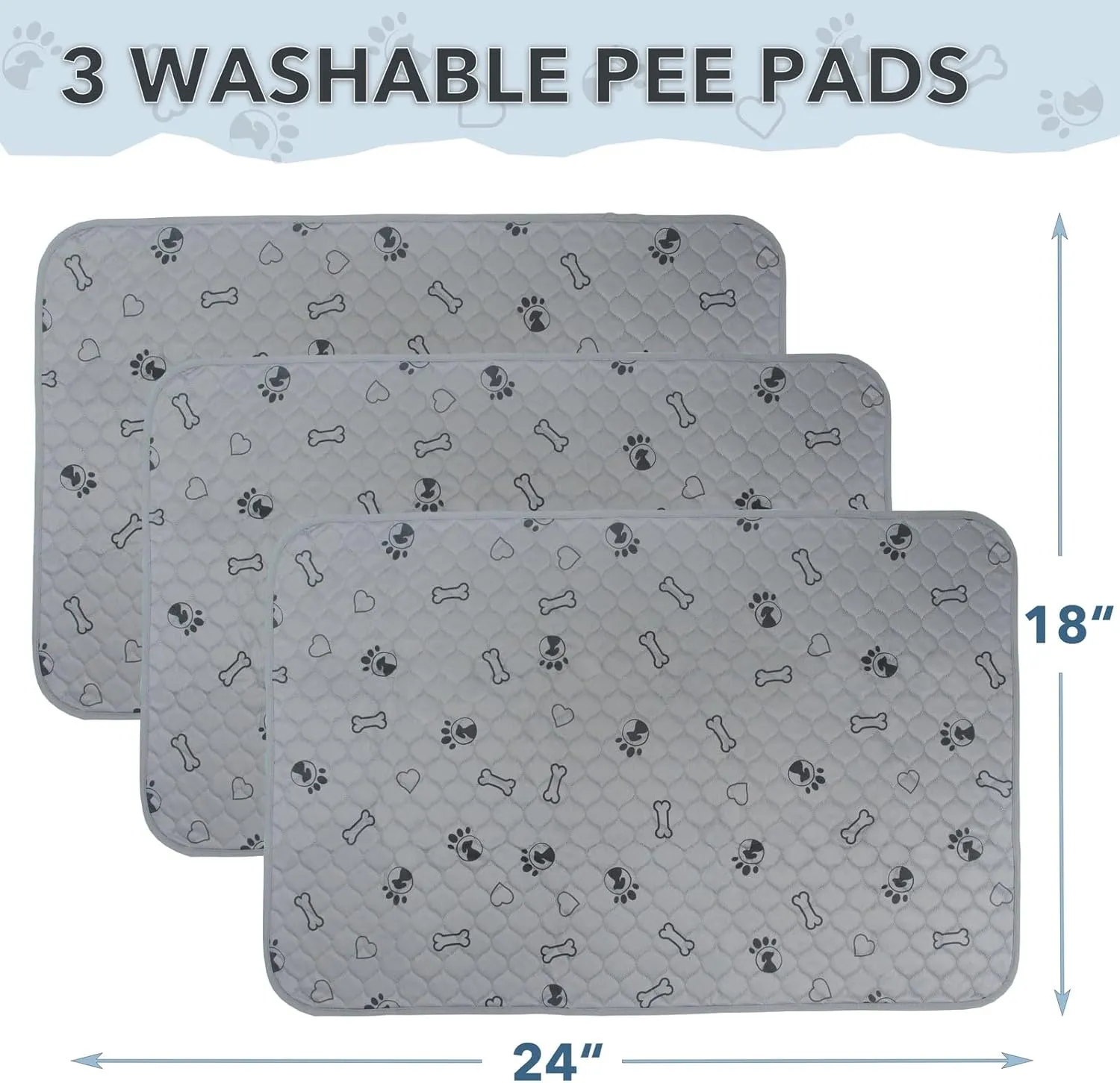 3 Pack 18x24 Reusable Puppy Pads Super Absorbent Washable Pee Pads for Dogs Leakproof Training Mats Waterproof Pet Training Pads for Puppy Playpen, Crate, Whelping Box, Potty Training