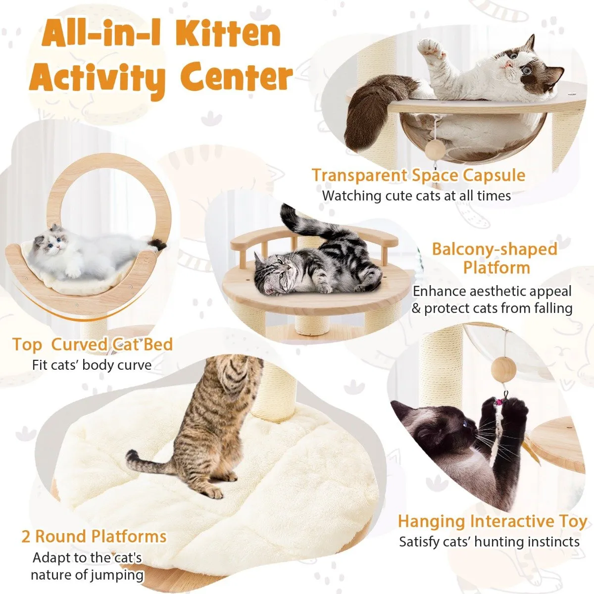 4-in-1 Large Wooden Cat Tower with Space Capsule Nest and Sisal Scratching Posts