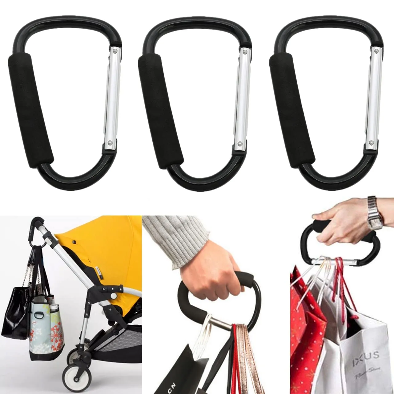 4 Pack Grocery Bag Shopping Bag Holder Handle Carrier Tool Baby Stroller Hook Stroller Organizer Hook Clips Multi Purpose Snap Hook Carabiner Clip with Soft Cushion Grip, Black & Red