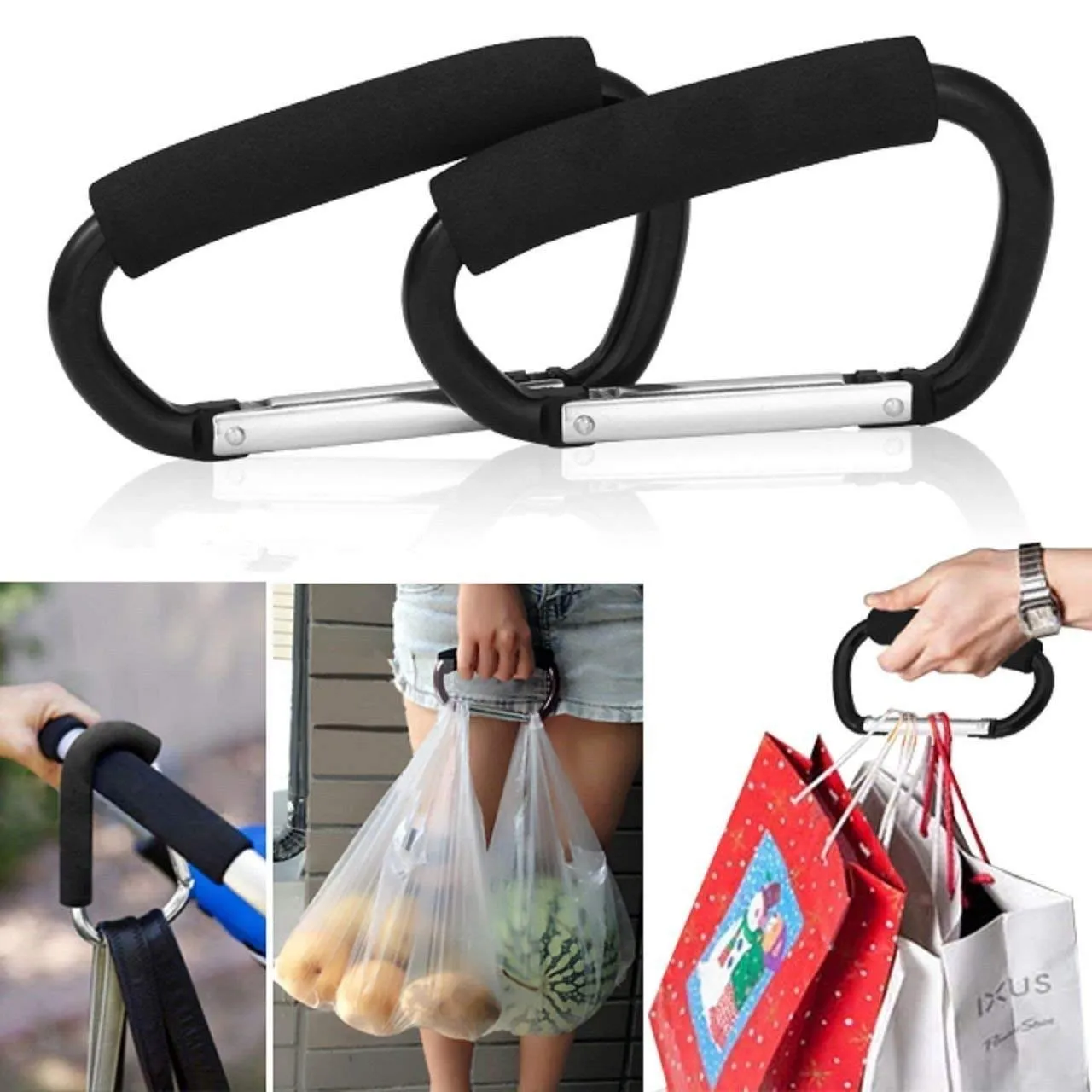 4 Pack Grocery Bag Shopping Bag Holder Handle Carrier Tool Baby Stroller Hook Stroller Organizer Hook Clips Multi Purpose Snap Hook Carabiner Clip with Soft Cushion Grip, Black & Red