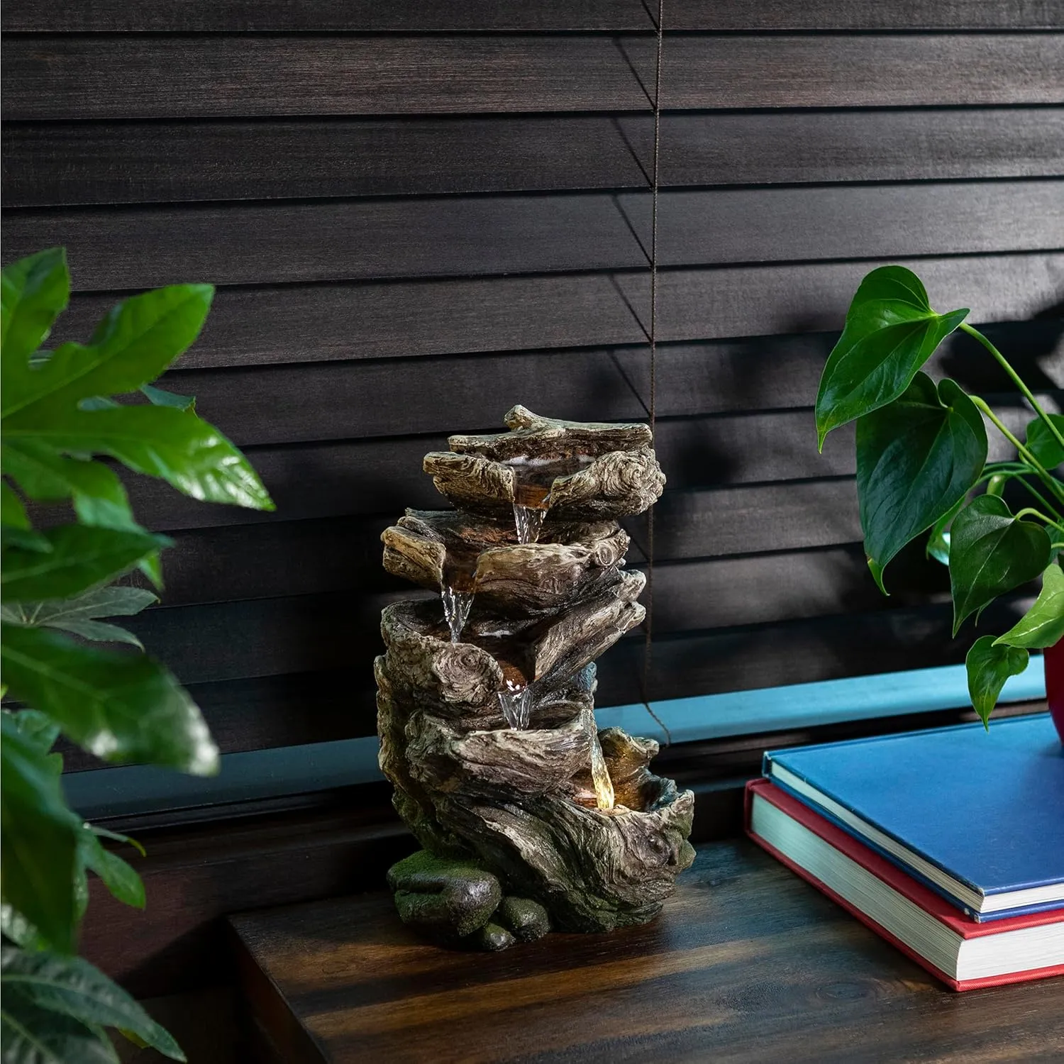 Alpine Corporation WIN1180 11" Indoor Tabletop Waterfall Fountain with LED Lights, 5 Tier Rainforest Garden Fountain, Brown