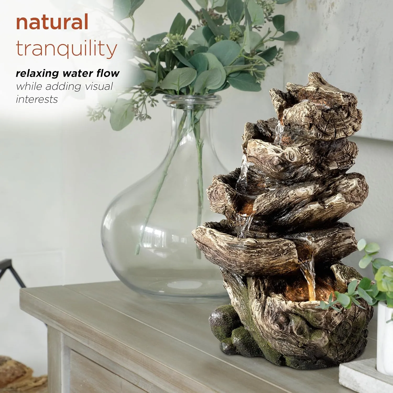 Alpine Corporation WIN1180 11" Indoor Tabletop Waterfall Fountain with LED Lights, 5 Tier Rainforest Garden Fountain, Brown