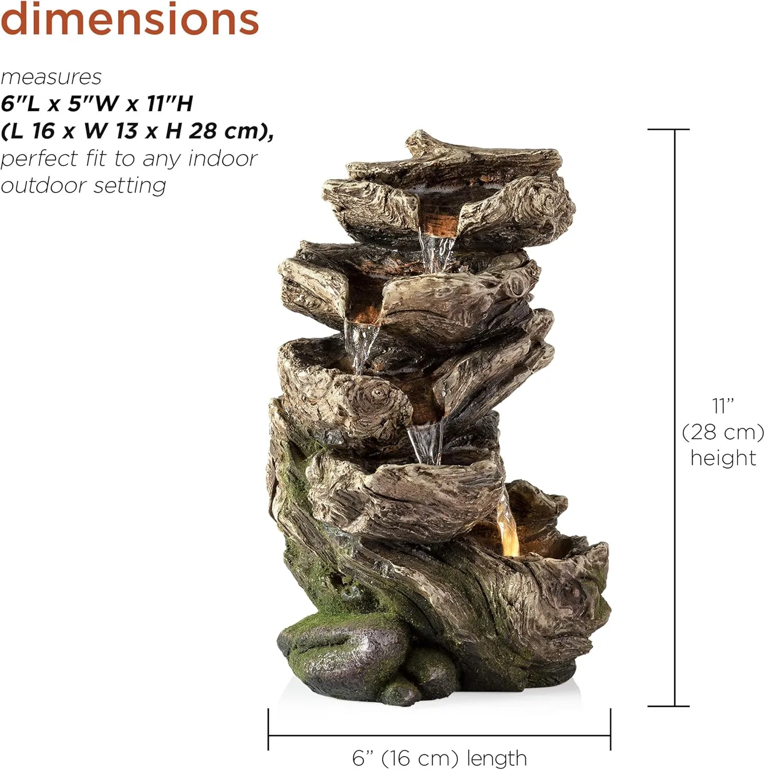 Alpine Corporation WIN1180 11" Indoor Tabletop Waterfall Fountain with LED Lights, 5 Tier Rainforest Garden Fountain, Brown