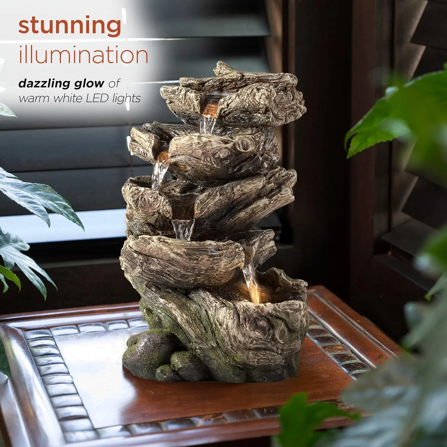 Alpine Corporation WIN1180 11" Indoor Tabletop Waterfall Fountain with LED Lights, 5 Tier Rainforest Garden Fountain, Brown