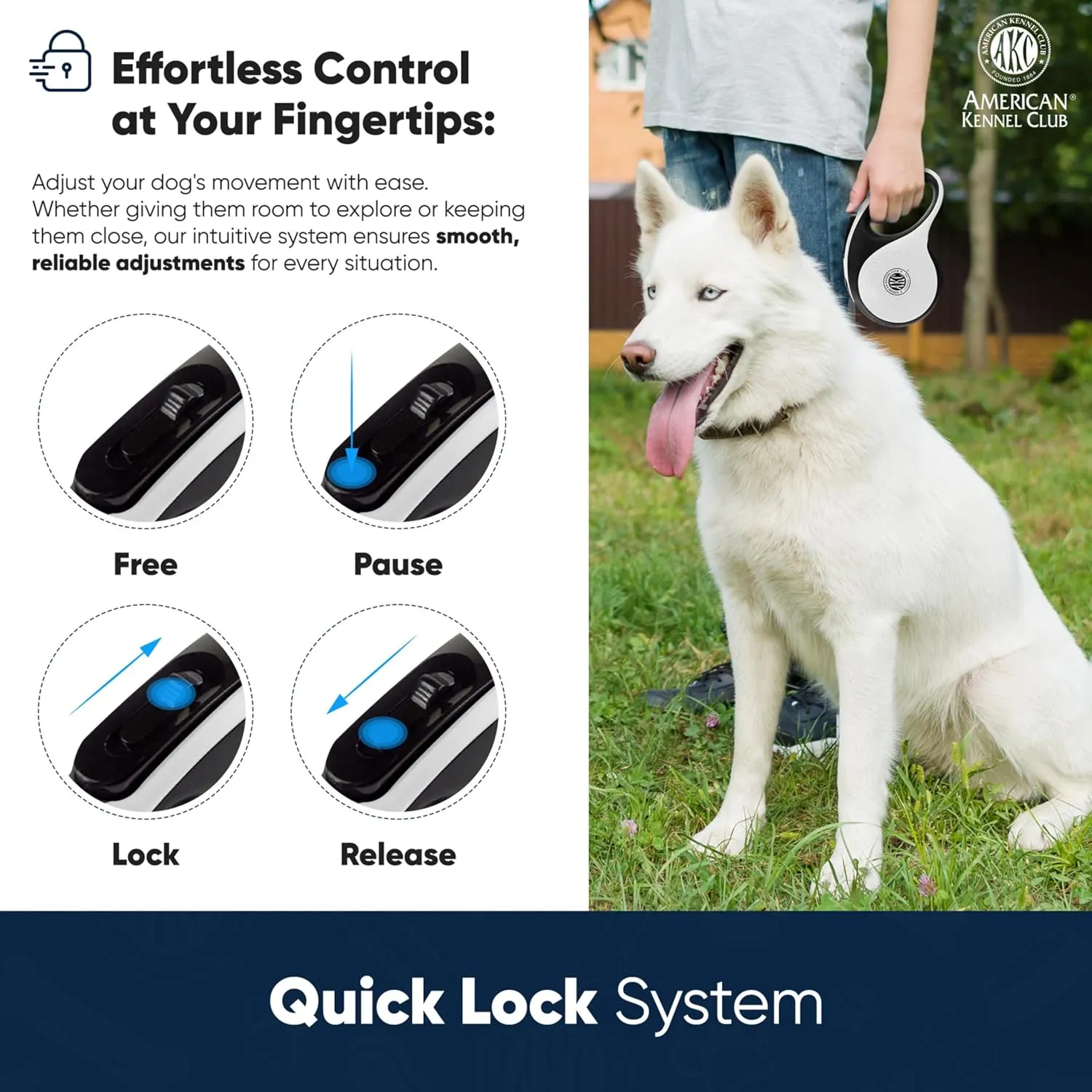 AMERICAN KENNEL CLUB Retractable Tangle-Free Dog Leash, 16.4ft, for Dogs up to 66 lbs, Ergonomic Non Slip Grip, One-Handed Braking System