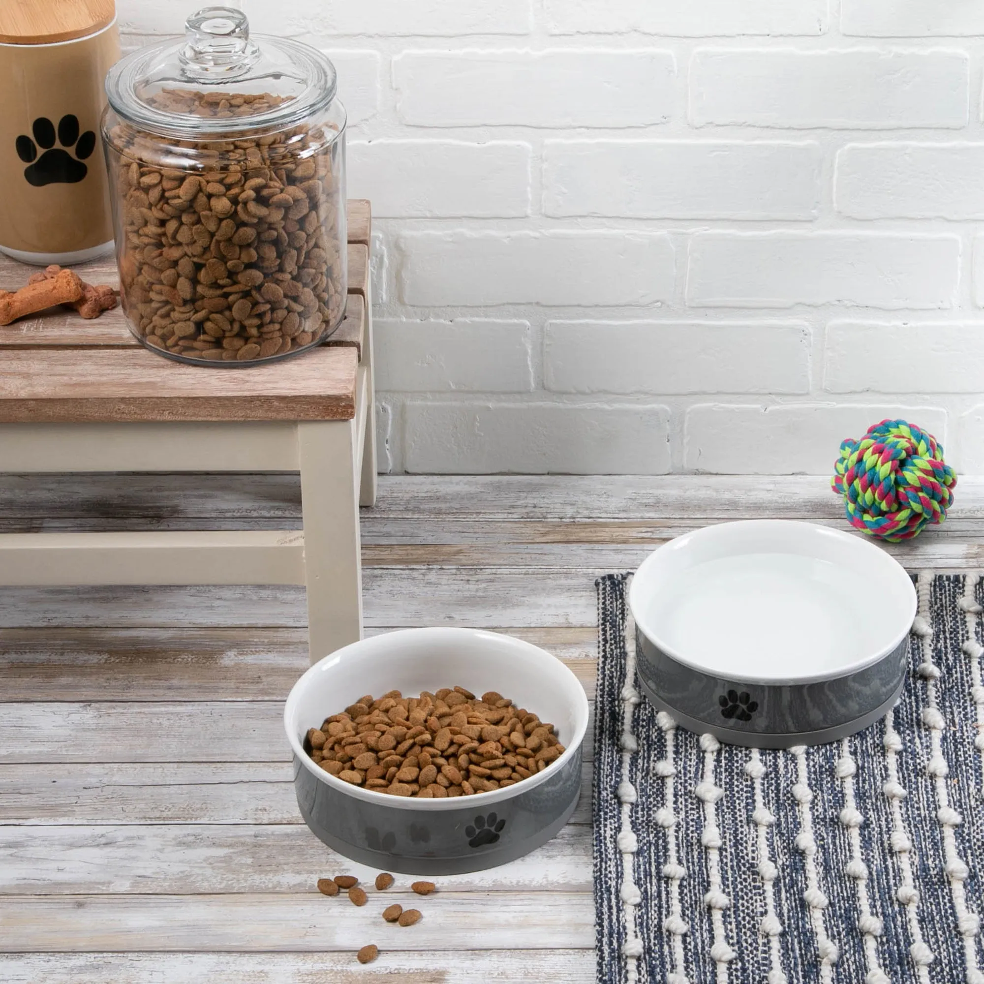 Black Paw Print Gray Pet Bowl Set of 2, Large 3.75 C. Capacity
