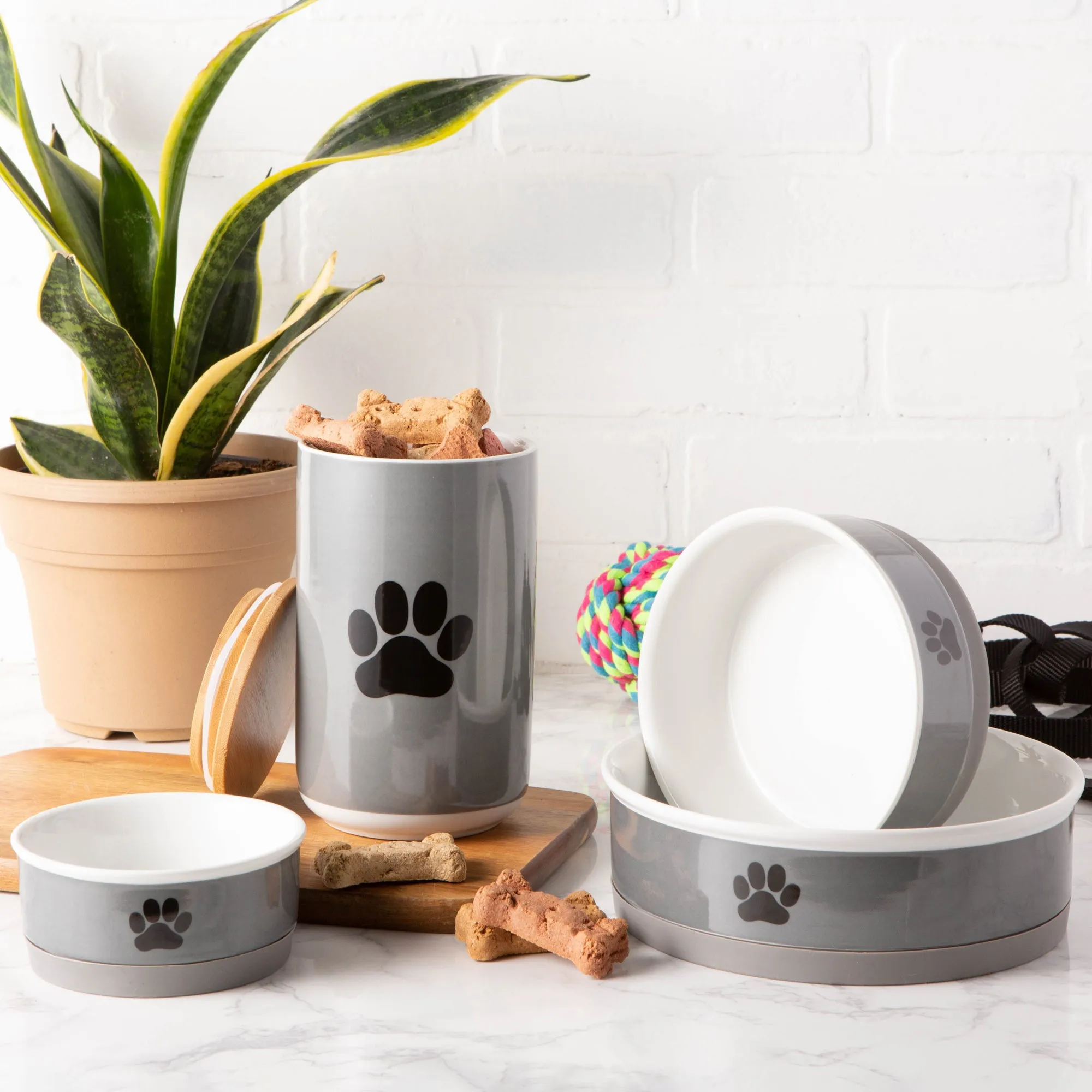 Black Paw Print Gray Pet Bowl Set of 2, Large 3.75 C. Capacity