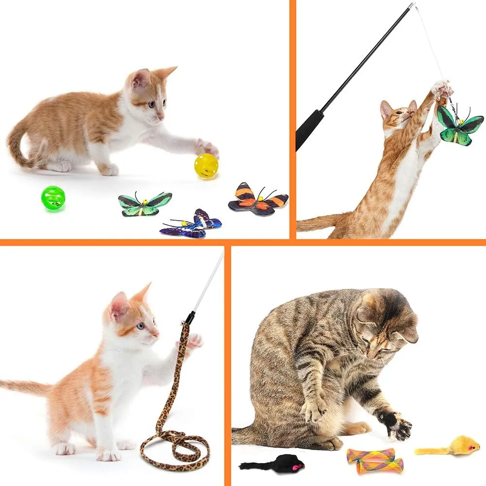 Butterfly Cat Wand Cat Toys Set, Realistic Crinkle Catnip Butterflies Kitten Toys with Retractable Interactive Cat Wand 11 PCS Cat Toys for Indoor Cats