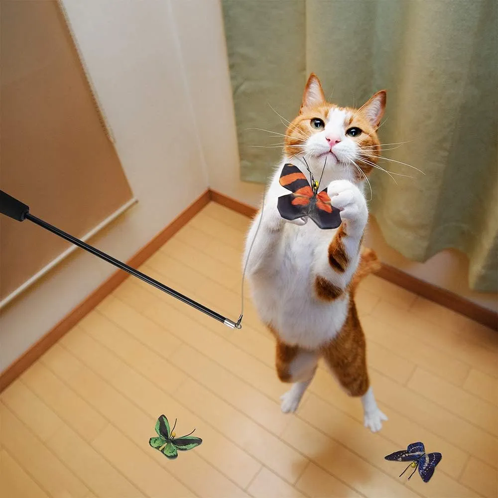 Butterfly Cat Wand Cat Toys Set, Realistic Crinkle Catnip Butterflies Kitten Toys with Retractable Interactive Cat Wand 11 PCS Cat Toys for Indoor Cats