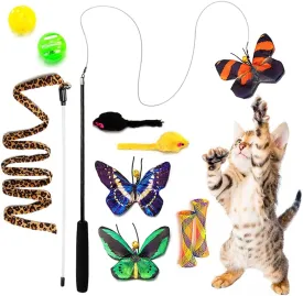 Butterfly Cat Wand Cat Toys Set, Realistic Crinkle Catnip Butterflies Kitten Toys with Retractable Interactive Cat Wand 11 PCS Cat Toys for Indoor Cats