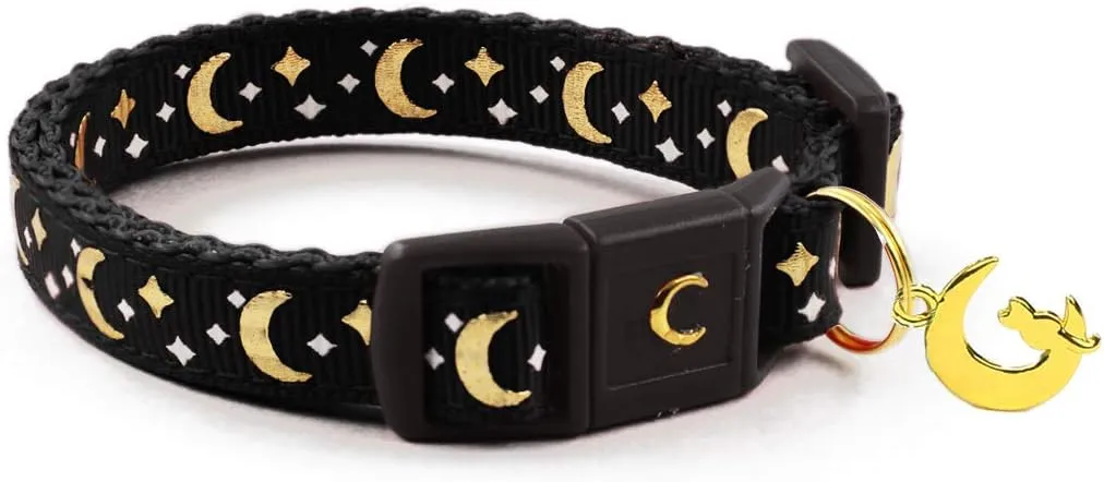 Cat Collars, Gold Moons and Stars Cat Collar, Safety Breakaway Cat Collar, Glow in The Dark (Kitten 6.5"-10" Neck, Black)