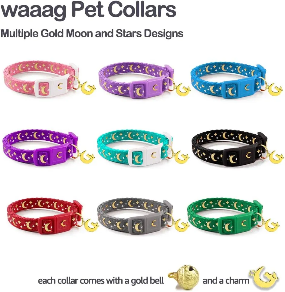 Cat Collars, Gold Moons and Stars Cat Collar, Safety Breakaway Cat Collar, Glow in The Dark (Kitten 6.5"-10" Neck, Black)