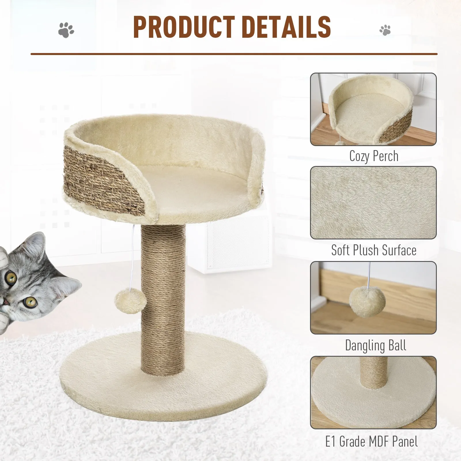 Cats Elevated Jute Rope Scratching Tree w/ Dangle Toy