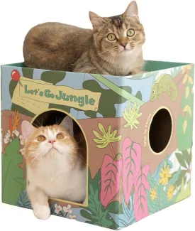 CHICHIPAWS Cardboard Cat Scratcher House with 2 Scratch Boards  Peekaboo Cave & Hideaway, Playhouse for Indoor Pets, Corrugated Scratching Cube for Kittens, Rest Box Bed with Catnip, Durable Fun