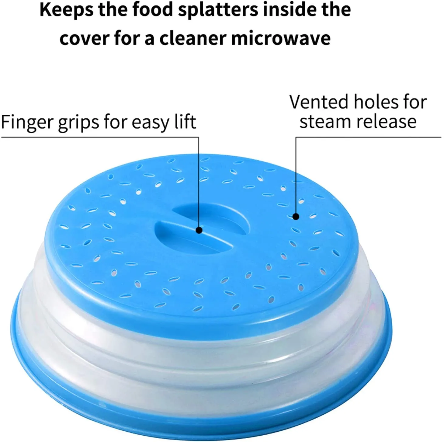 Collapsible Splatter Proof with Steam Vents Microwave Plate Cover for Food - 10.5 inch - BPA Free - Blue
