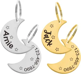 Custom Moon Pet Tag ID, Personalized Stainless Steel Cute Shiny Bling Stars Collar Tag Lost Boy & Girl Dogs Puppies Cats & Ring Engraved SOS Customizable with Owner Information Name, Phone, Address