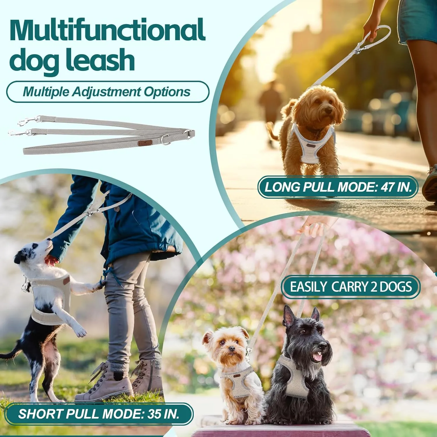 Dog Harness with Multifunction Dog Leash,No Pull Reflective Step-in Harness for Soft Adjustable No Choke Escape Proof,Easy Walk Dog Harness for Medium Dogs (Beige &Grey, L)