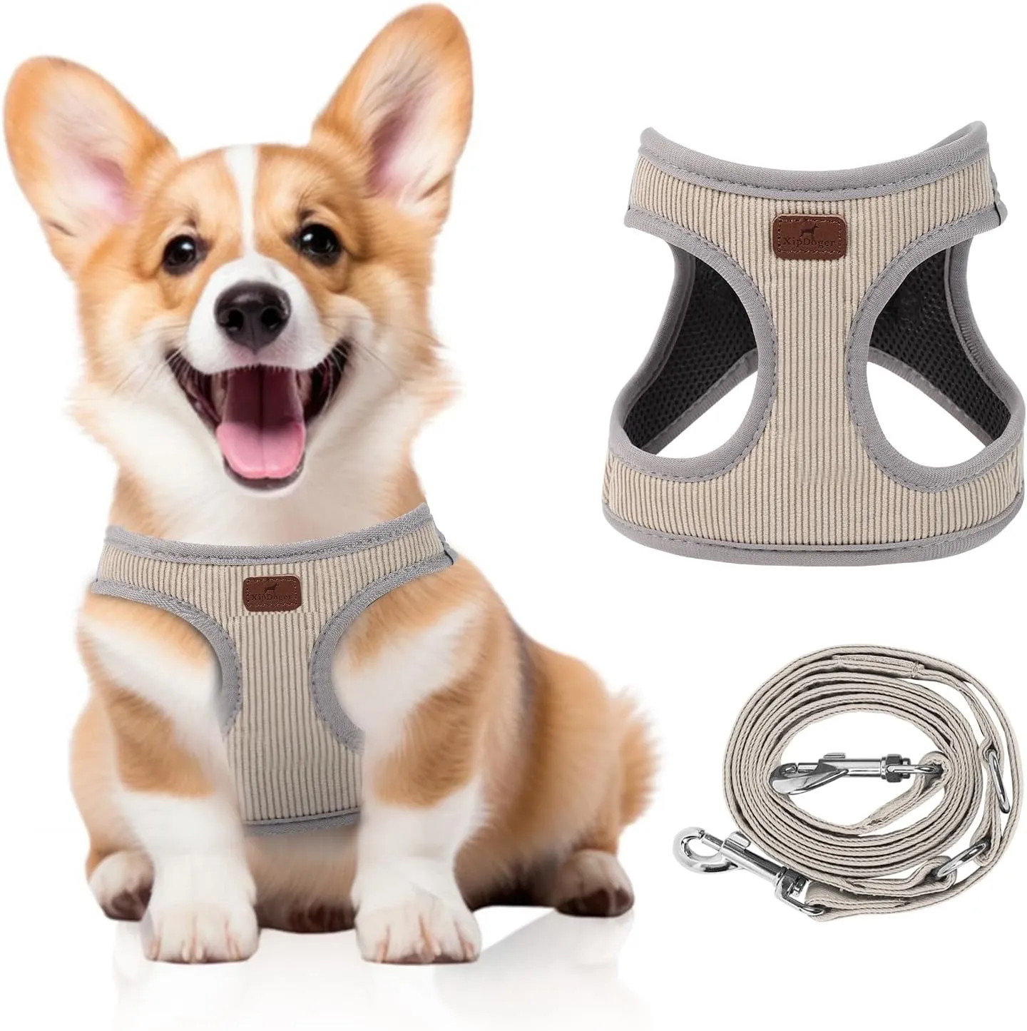 Dog Harness with Multifunction Dog Leash,No Pull Reflective Step-in Harness for Soft Adjustable No Choke Escape Proof,Easy Walk Dog Harness for Medium Dogs (Beige &Grey, L)