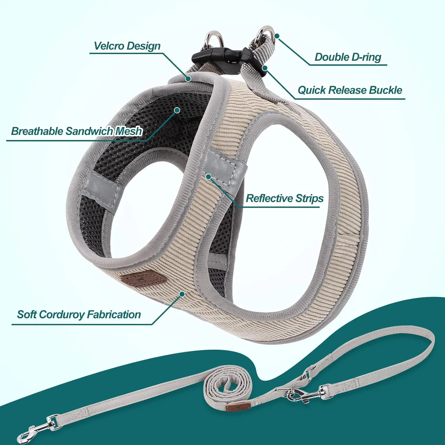 Dog Harness with Multifunction Dog Leash,No Pull Reflective Step-in Harness for Soft Adjustable No Choke Escape Proof,Easy Walk Dog Harness for Medium Dogs (Beige &Grey, L)