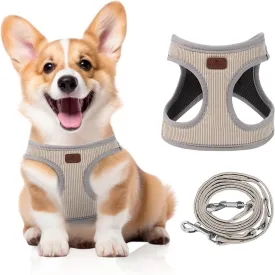 Dog Harness with Multifunction Dog Leash,No Pull Reflective Step-in Harness for Soft Adjustable No Choke Escape Proof,Easy Walk Dog Harness for Medium Dogs (Beige &Grey, L)