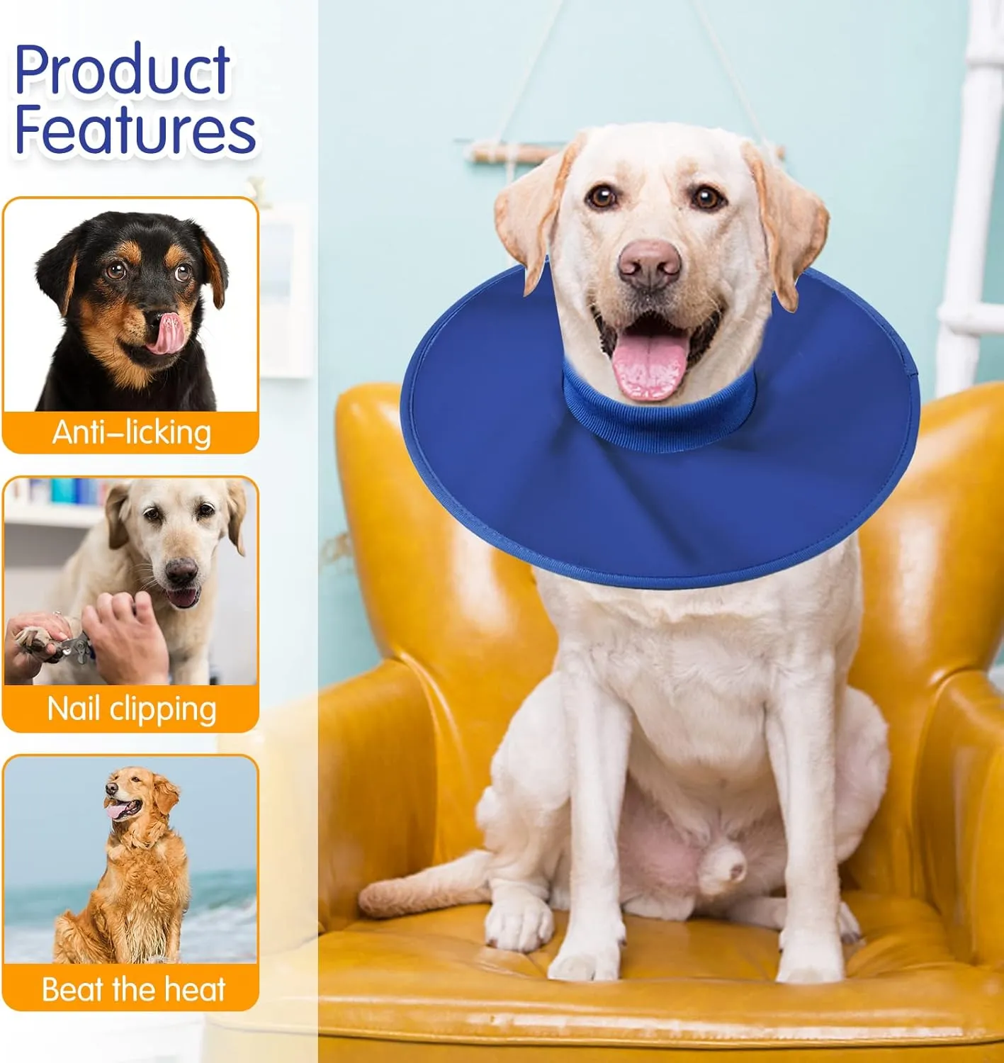Dog Recovery Collar,Dog Soft Cone Collar Alternative After Surgery,Adjustable,Breathable E Collar for Large/Medium/Small Dogs Cats Blue M