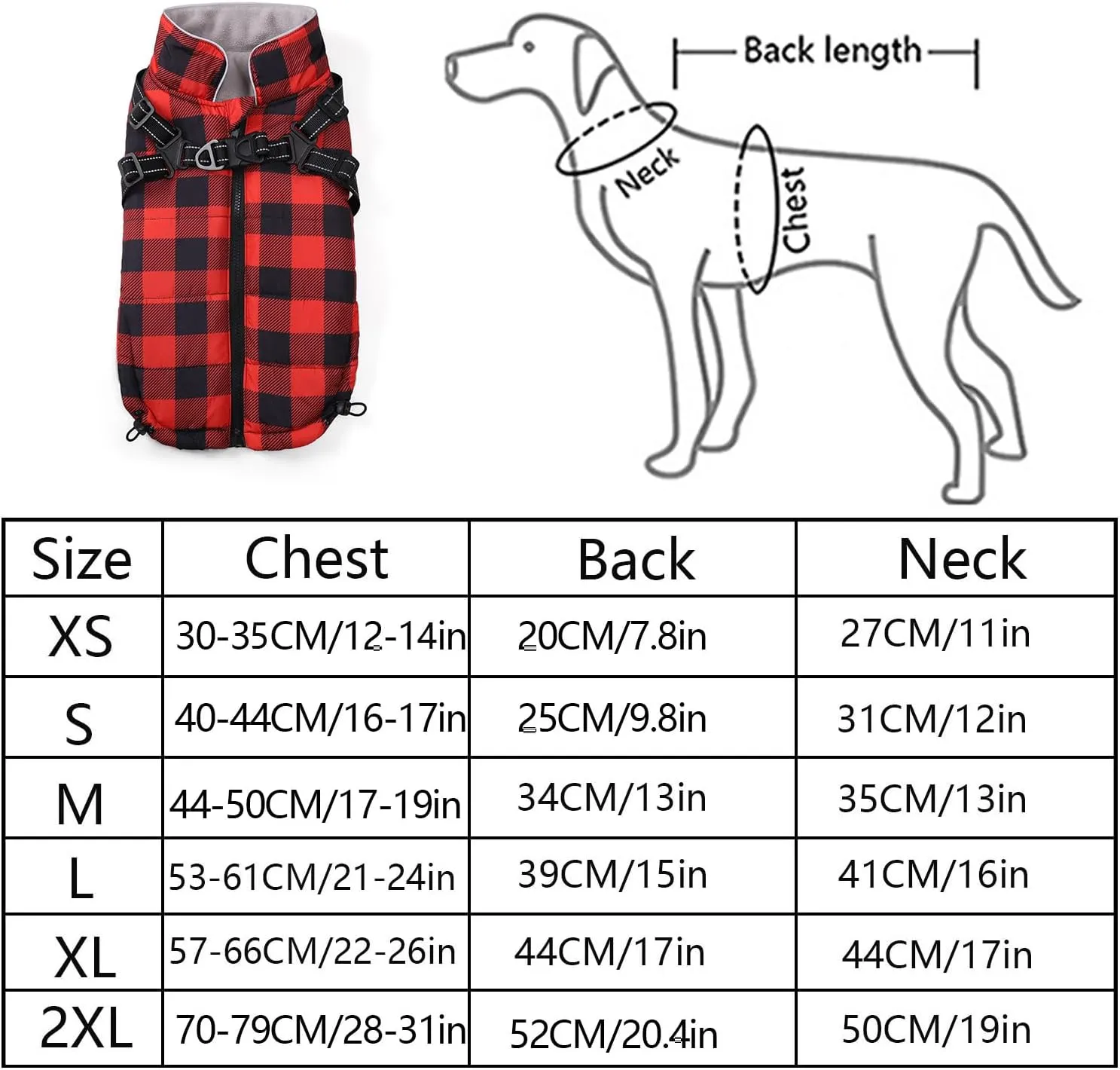 Dog Winter Coat Dog Harness Jacket Plaid Pet Fleece Vest Warm Puppy Coats Small Dog Clothes Reflective Waterproof Dog Outdoor Coat with Harness Built in for Cold Weather-Red-L