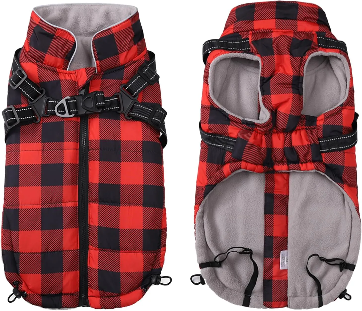 Dog Winter Coat Dog Harness Jacket Plaid Pet Fleece Vest Warm Puppy Coats Small Dog Clothes Reflective Waterproof Dog Outdoor Coat with Harness Built in for Cold Weather-Red-L