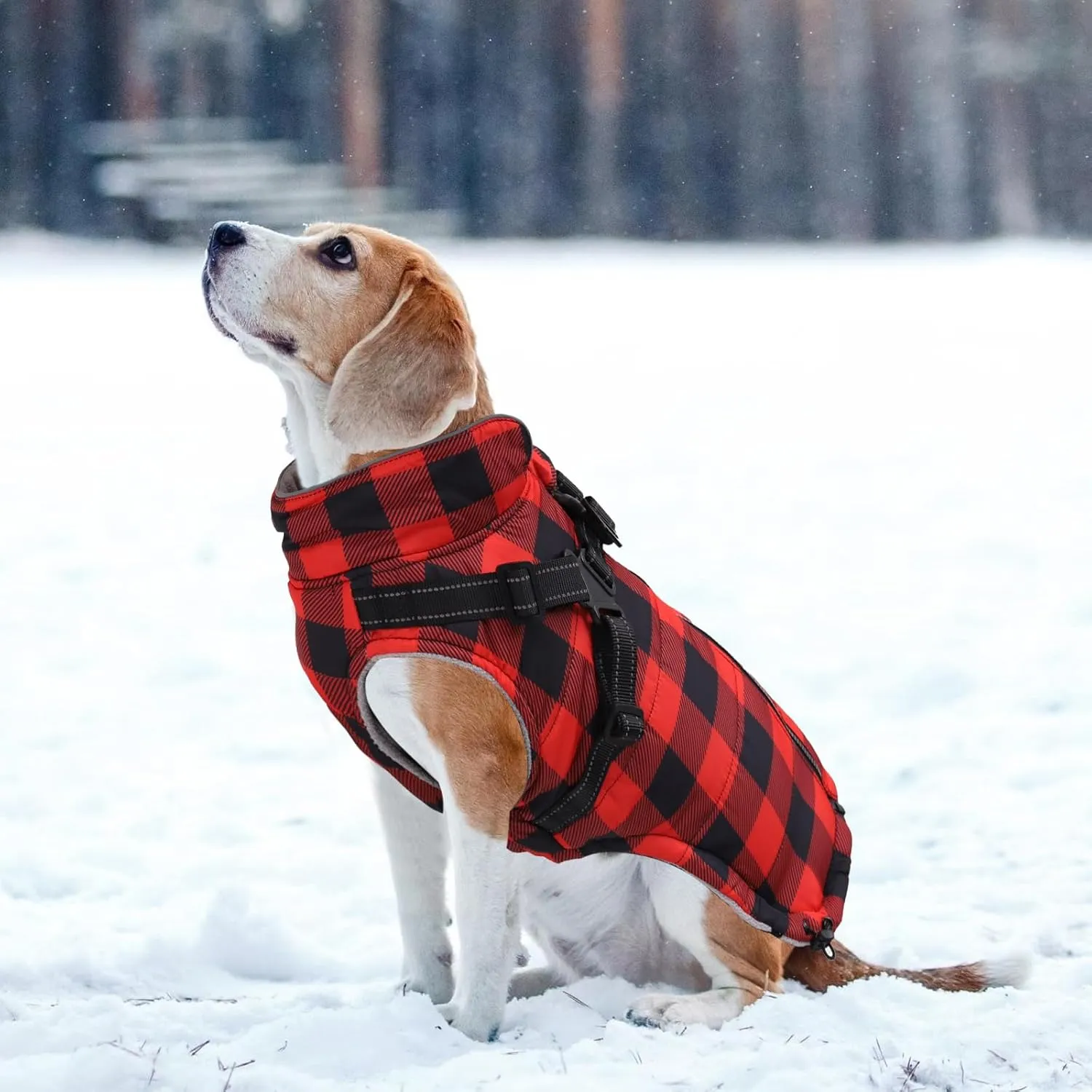 Dog Winter Coat Dog Harness Jacket Plaid Pet Fleece Vest Warm Puppy Coats Small Dog Clothes Reflective Waterproof Dog Outdoor Coat with Harness Built in for Cold Weather-Red-L