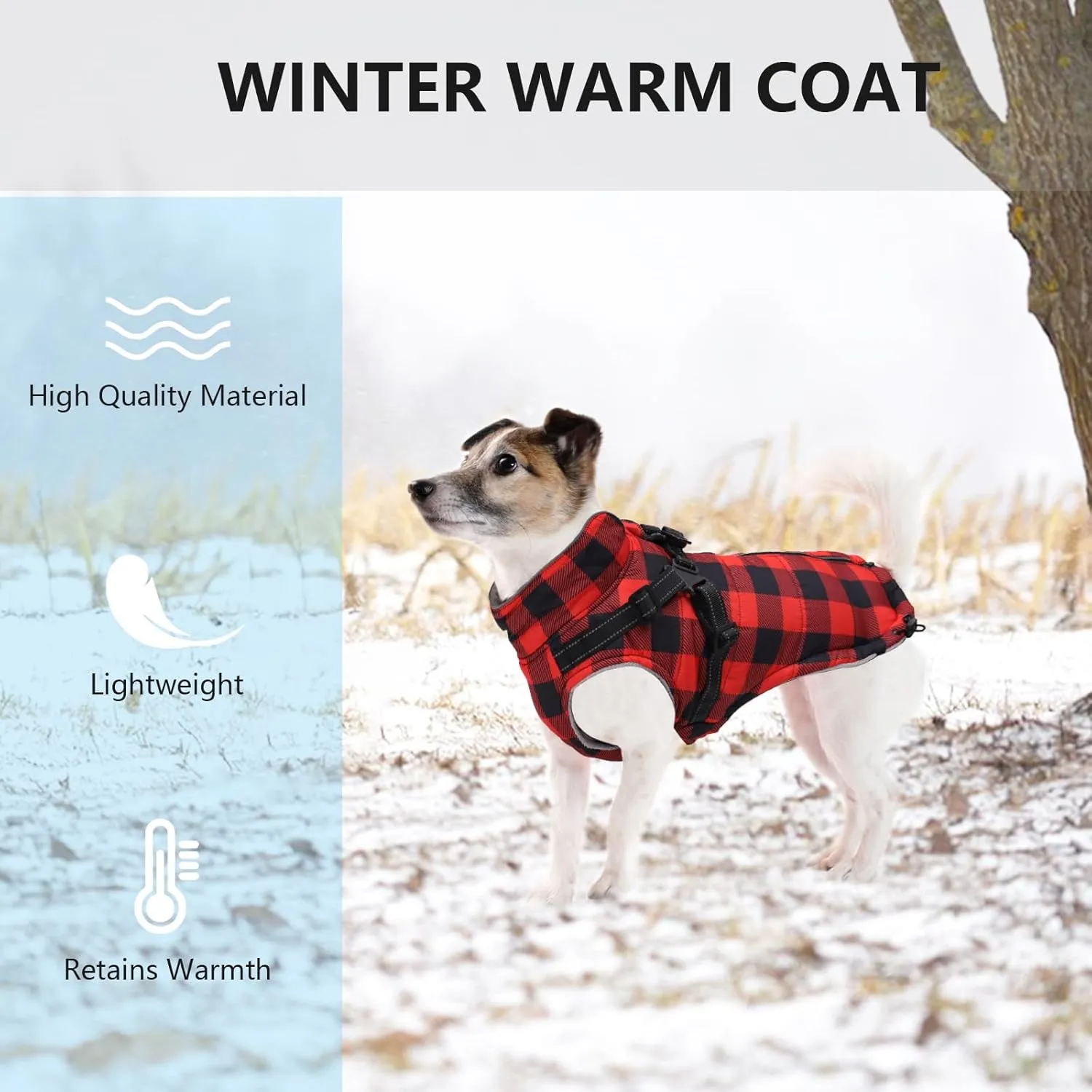 Dog Winter Coat Dog Harness Jacket Plaid Pet Fleece Vest Warm Puppy Coats Small Dog Clothes Reflective Waterproof Dog Outdoor Coat with Harness Built in for Cold Weather-Red-L