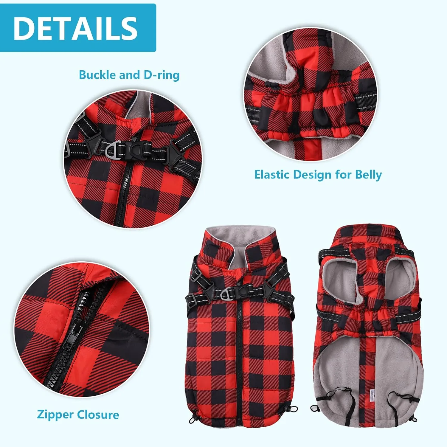 Dog Winter Coat Dog Harness Jacket Plaid Pet Fleece Vest Warm Puppy Coats Small Dog Clothes Reflective Waterproof Dog Outdoor Coat with Harness Built in for Cold Weather-Red-L