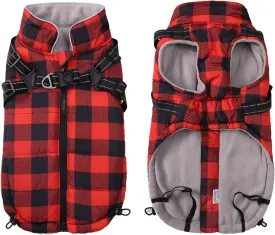 Dog Winter Coat Dog Harness Jacket Plaid Pet Fleece Vest Warm Puppy Coats Small Dog Clothes Reflective Waterproof Dog Outdoor Coat with Harness Built in for Cold Weather-Red-L