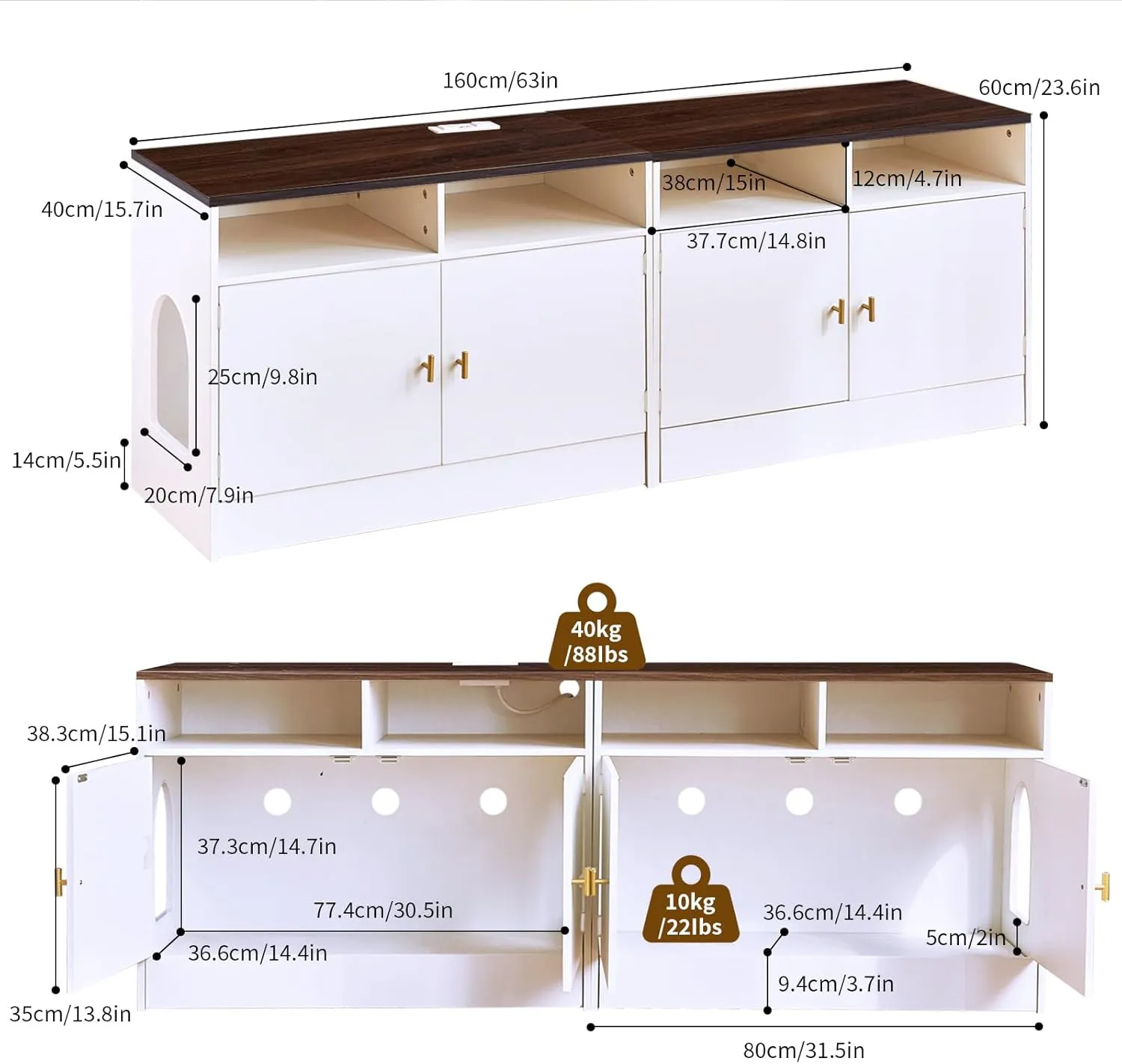 Double Cat Litter Box Enclosure for 2 Cats, 63" Wooden Hidden Cat Litter Box Furniture with Power Outlet, Sliding Bottom Easy Clean, Cat House TV Stand, Walnut