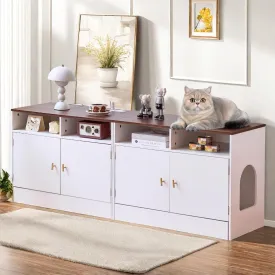 Double Cat Litter Box Enclosure for 2 Cats, 63" Wooden Hidden Cat Litter Box Furniture with Power Outlet, Sliding Bottom Easy Clean, Cat House TV Stand, Walnut