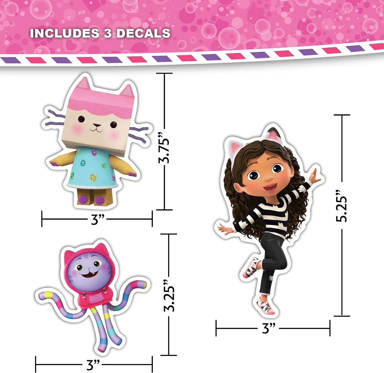 DreamWorks Gabby's Dollhouse Decals - Set of 3 Vinyl Stickers for Water Bottle Bike Helmet Laptop Skateboard Car - Outdoor Rated Water Resistant Vinyl