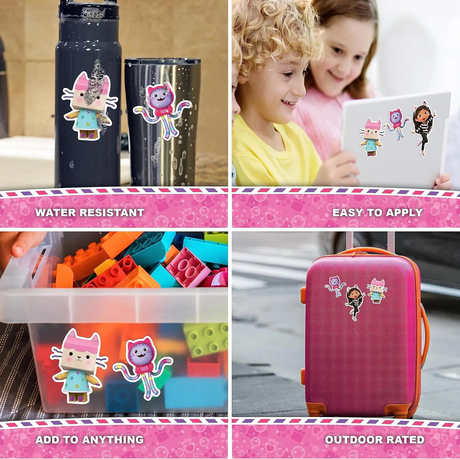 DreamWorks Gabby's Dollhouse Decals - Set of 3 Vinyl Stickers for Water Bottle Bike Helmet Laptop Skateboard Car - Outdoor Rated Water Resistant Vinyl