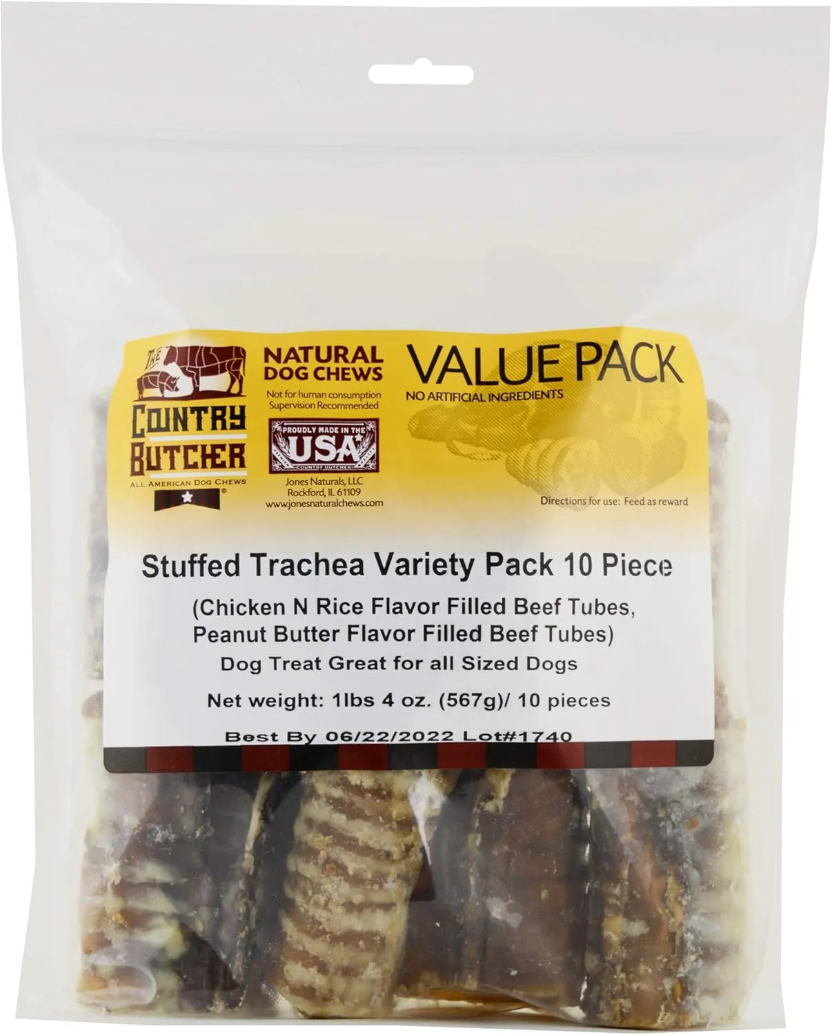 Filled Beef Trachea Dog Treats, Glucosamine and Chondroitin for Joint Health, Natural, Made in The USA, Variety Pack, 10 Count - Rawhide Free, No Bone