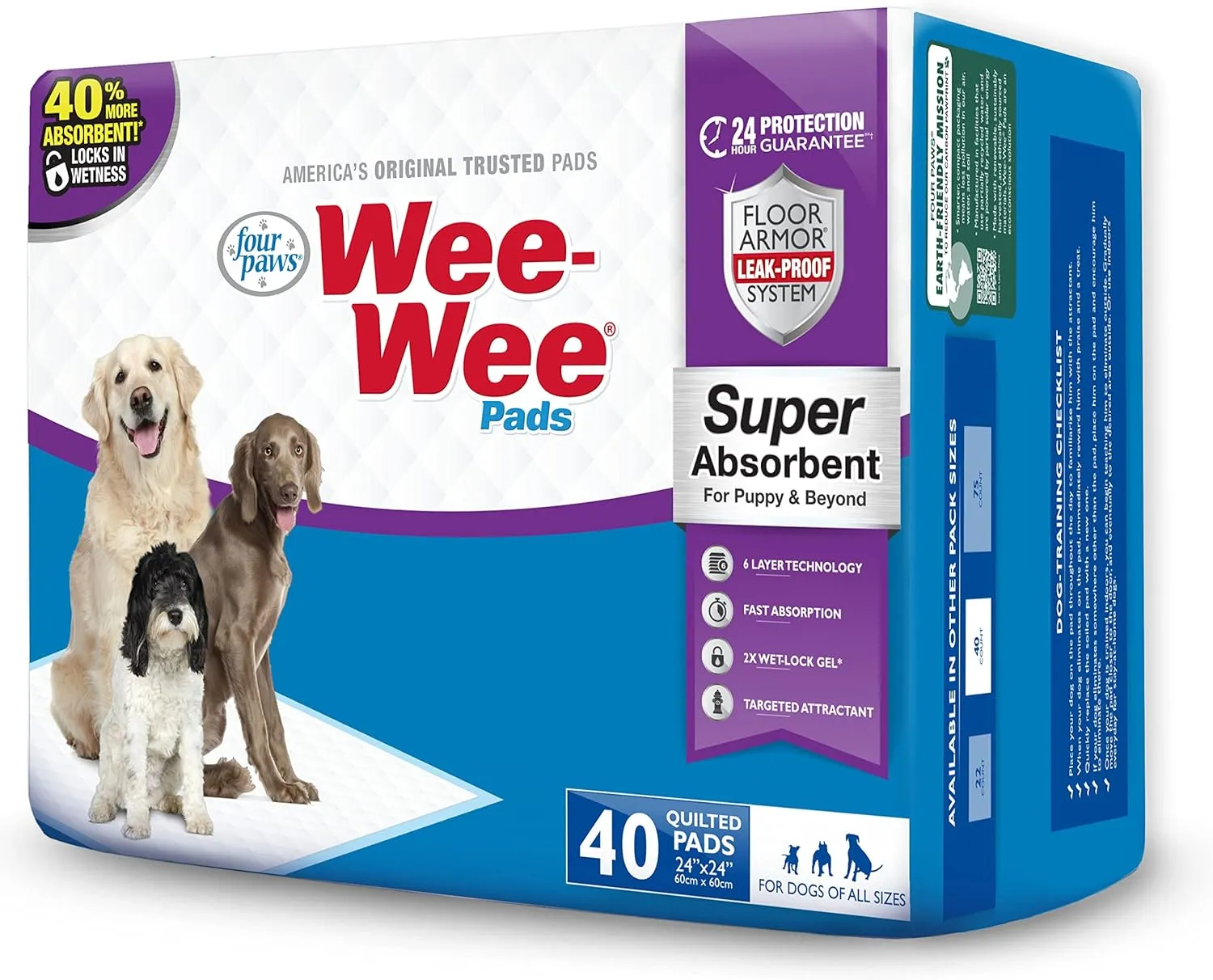 Four Paws Wee-Wee Super Absorbent Unscented Pee Pads for Dogs & Puppies with Insta-Rise Border, Leak-Proof Dog Housebreaking Potty Training Floor Protection, 24" x 24", 40 Count
