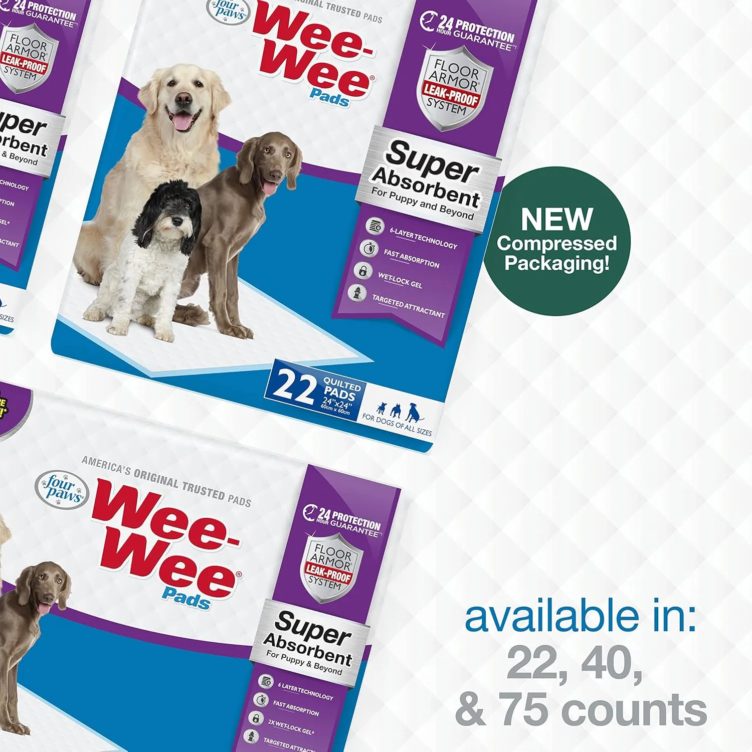 Four Paws Wee-Wee Super Absorbent Unscented Pee Pads for Dogs & Puppies with Insta-Rise Border, Leak-Proof Dog Housebreaking Potty Training Floor Protection, 24" x 24", 40 Count