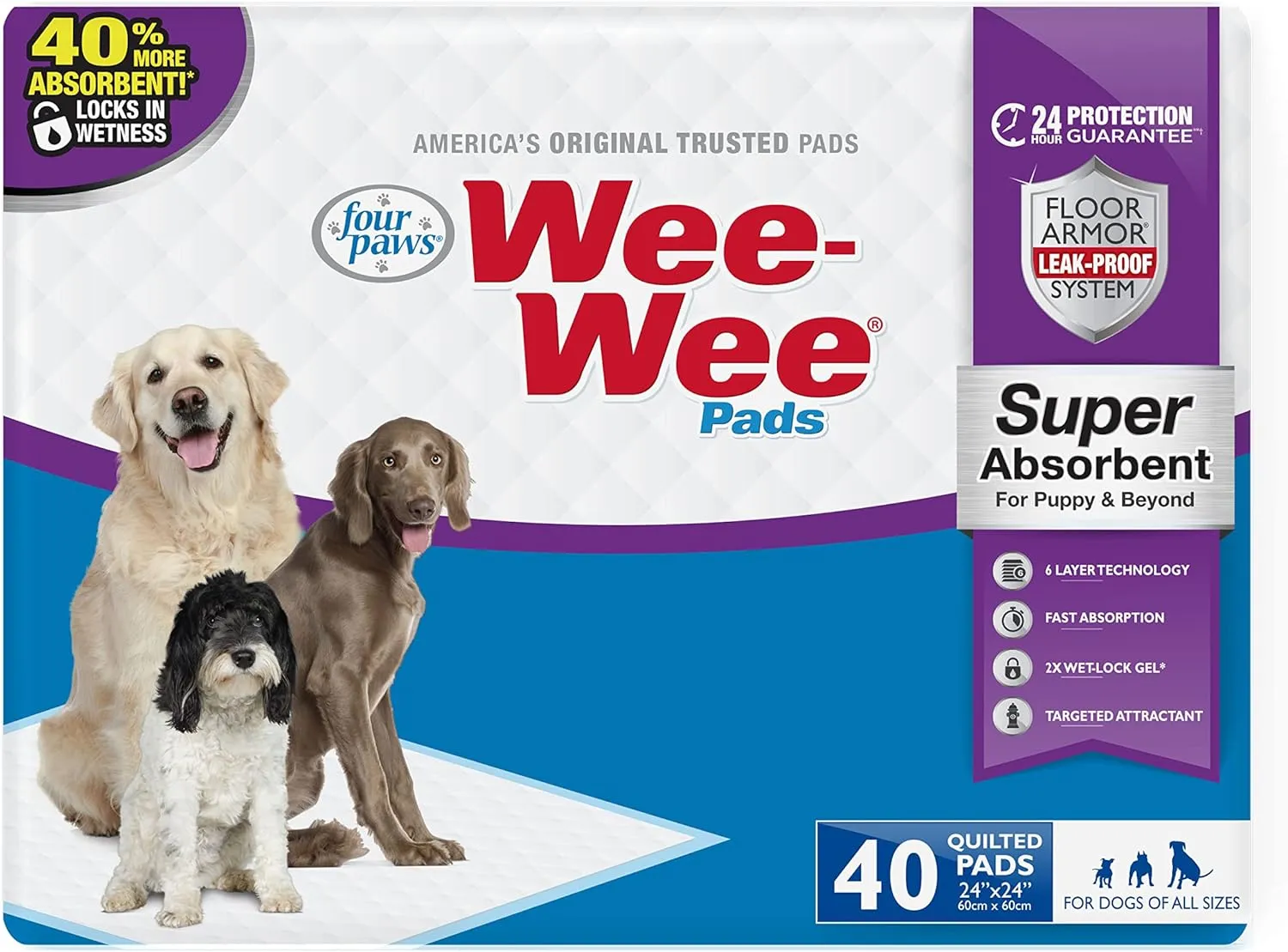 Four Paws Wee-Wee Super Absorbent Unscented Pee Pads for Dogs & Puppies with Insta-Rise Border, Leak-Proof Dog Housebreaking Potty Training Floor Protection, 24" x 24", 40 Count