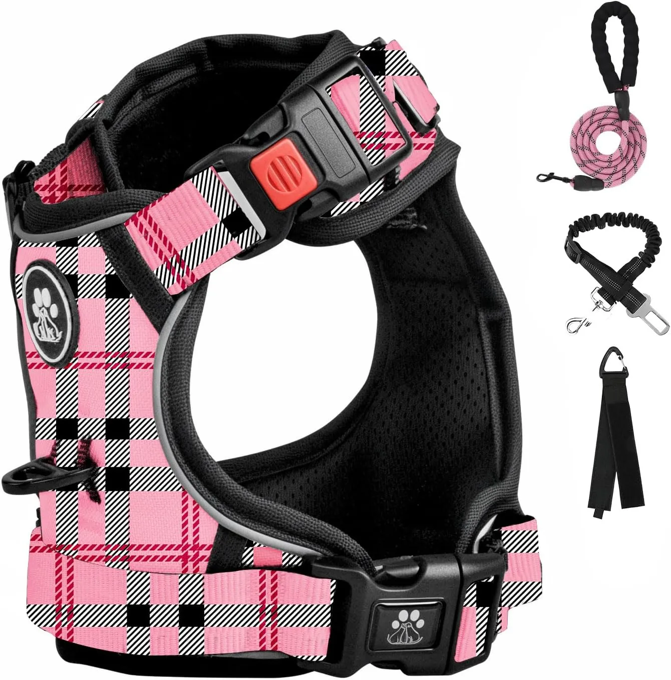 FURRYFECTION Plaid Dog Harness for Medium Dogs | No Pull Reflective Pet Harness | No Choke Adjustable Dog Vest Harnesses | with Leash | Easy Control Handle | Front Lead | Seat Belt | Pink&Black| M
