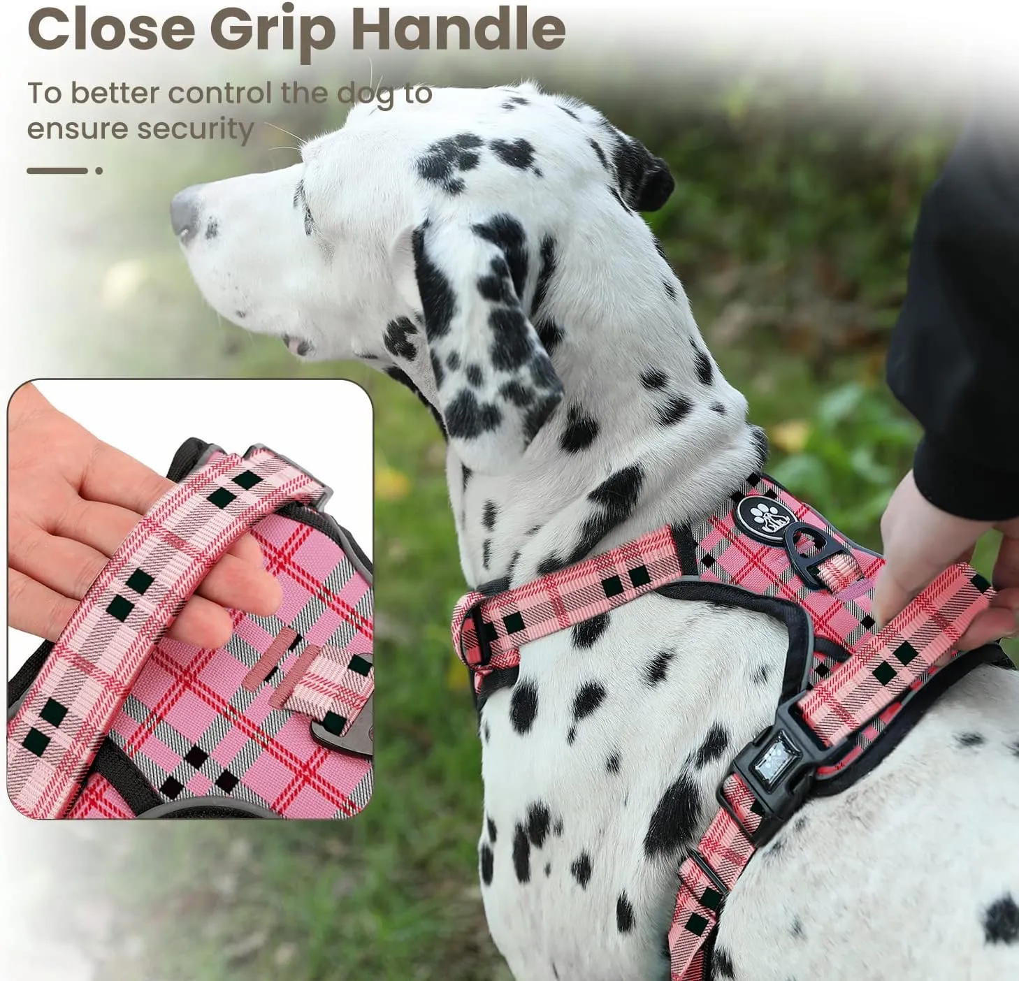 FURRYFECTION Plaid Dog Harness for Medium Dogs | No Pull Reflective Pet Harness | No Choke Adjustable Dog Vest Harnesses | with Leash | Easy Control Handle | Front Lead | Seat Belt | Pink&Black| M