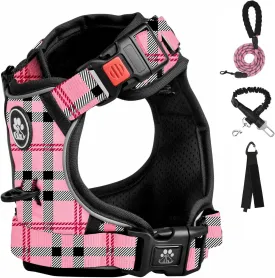 FURRYFECTION Plaid Dog Harness for Medium Dogs | No Pull Reflective Pet Harness | No Choke Adjustable Dog Vest Harnesses | with Leash | Easy Control Handle | Front Lead | Seat Belt | Pink&Black| M