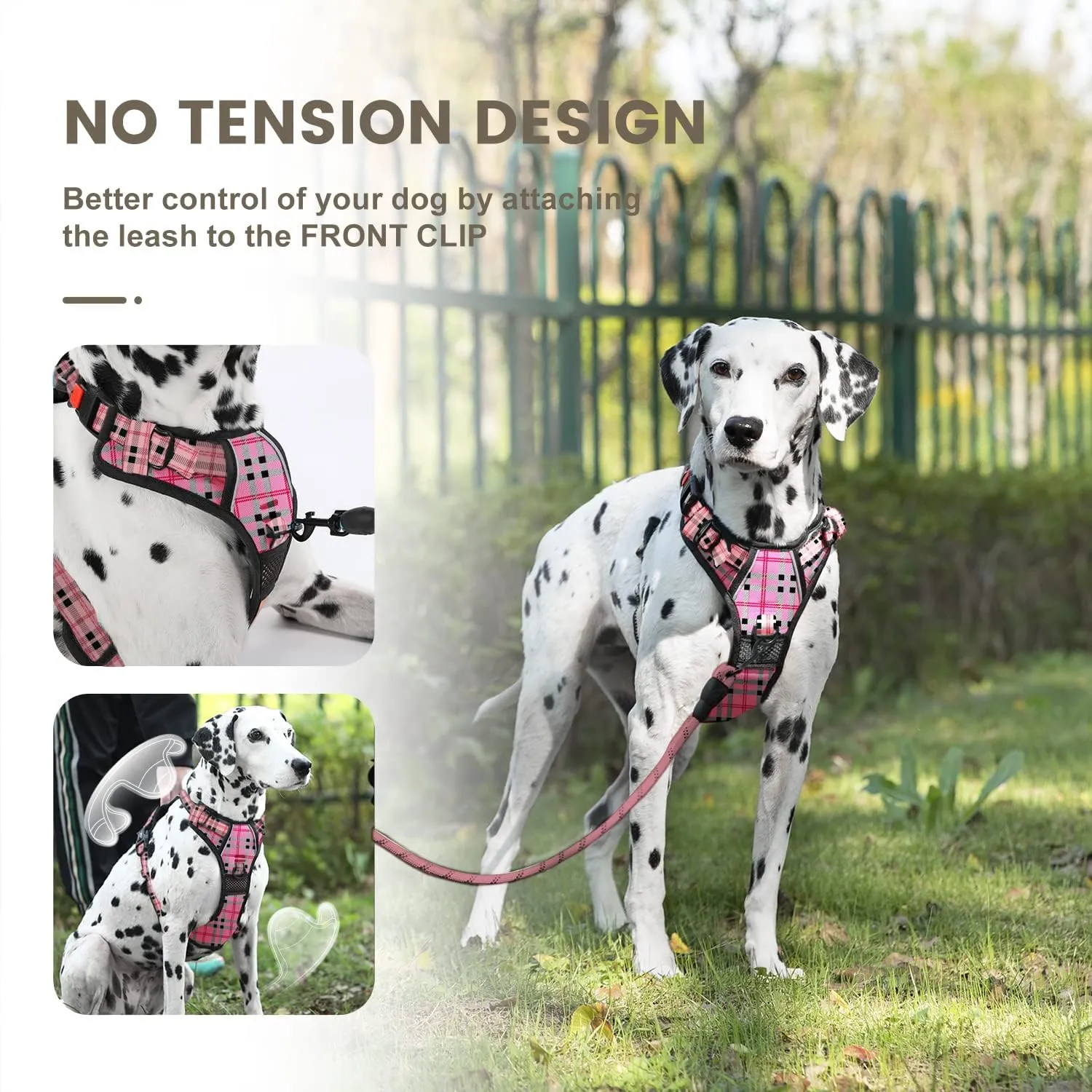 FURRYFECTION Plaid Dog Harness for Medium Dogs | No Pull Reflective Pet Harness | No Choke Adjustable Dog Vest Harnesses | with Leash | Easy Control Handle | Front Lead | Seat Belt | Pink&Black| M