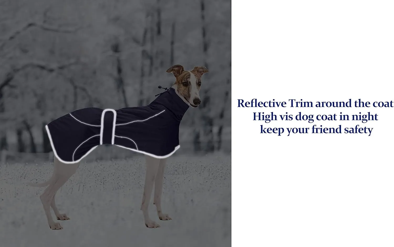 Greyhound Winter Coat, Whippet Coat with Padded Fleece Lining, Water Resistant Dog Jacket with Adjustable Bands and Reflective - Navy - Small