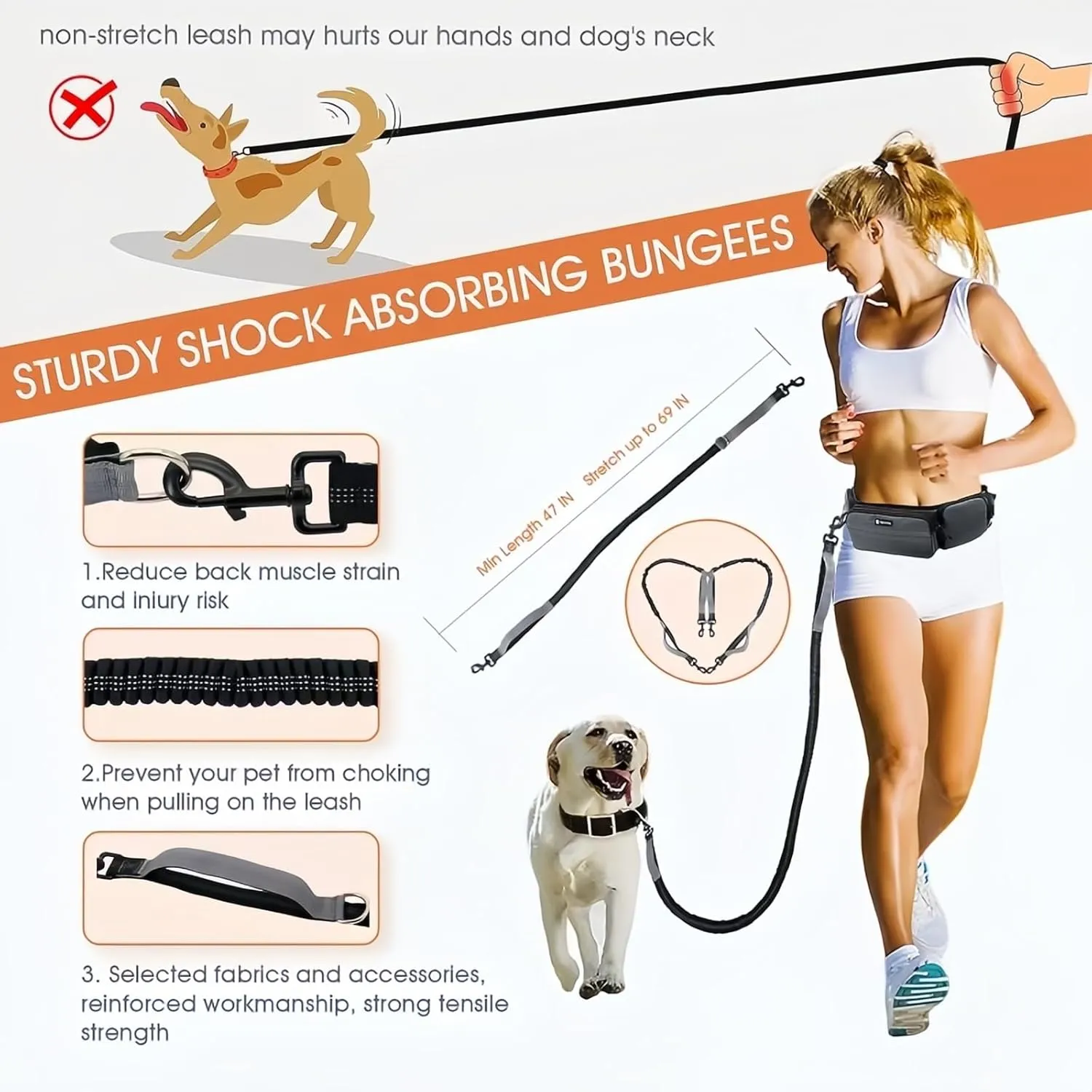Hands Free Dog Leash with Dog Walking Fanny Pack for Large Medium Small Dogs, Heavy Duty Durable Reflective Waist Bungee Leash for Dog Training,Night Walking Running Jogging Hiking