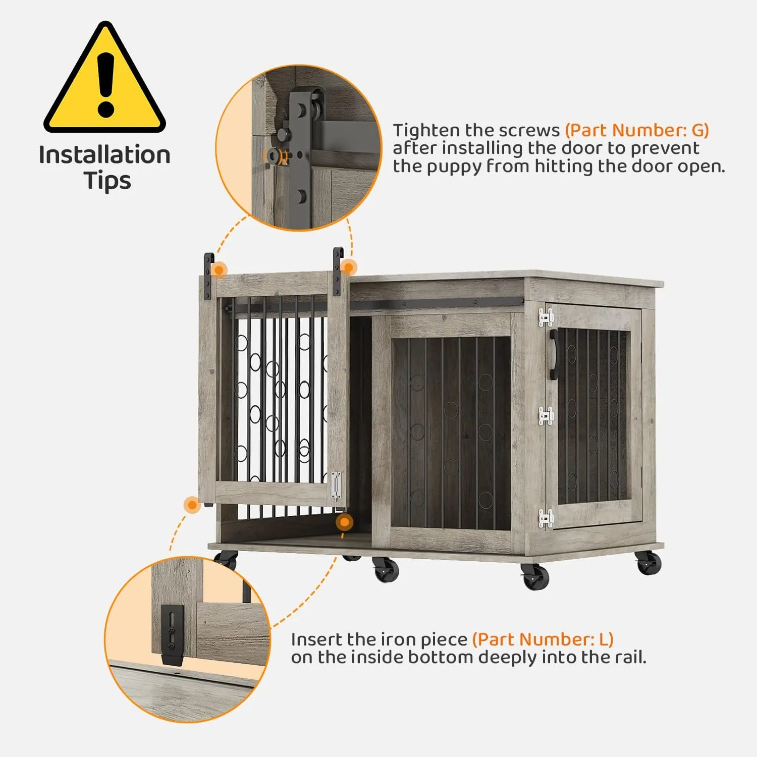 IchbinGo Large Dog Crate Furniture with Sliding Barn Door, 43.7" Wooden Dog Kennel End Table with Wheels and Flip-top Plate Dog House with Detachable Divider for Small/Medium/Large Dog (Rustic Grey)